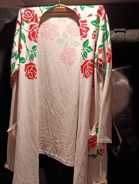 LuLaRoe Cream Cardigan with Red Rose and Green Leaf Print